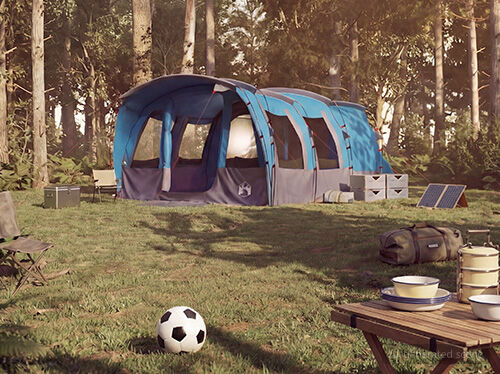 T&aacute;gas k&eacute;k csal&aacute;di s&aacute;tor szabadban fel&aacute;ll&iacute;tva, t&ouml;bb r&eacute;szleggel, k&eacute;nyelmes csoportos kempingez&eacute;sre tervezve.