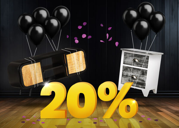 Fekete TV-konzol &eacute;s feh&eacute;r kisasztal fekete l&eacute;gg&ouml;mb&ouml;kkel egy &eacute;l&eacute;nks&aacute;rga 20%-os jel előtt s&ouml;t&eacute;t fapadl&oacute;n.