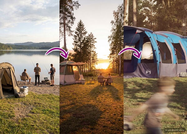 Osztott k&eacute;pernyős banner, amely a kemping&eacute;lm&eacute;nyek fejlőd&eacute;s&eacute;t mutatja. Bal oldalon h&aacute;rom ember horg&aacute;szik &eacute;s pihen egy kis s&aacute;tor mellett a t&oacute;parton naplementekor. K&ouml;z&eacute;pen k&eacute;t ember &uuml;l egy asztaln&aacute;l, m&ouml;g&ouml;tt&uuml;k egy nagyobb k&eacute;k-sz&uuml;rke s&aacute;tor l&aacute;that&oacute;, szint&eacute;n naplementekor. A jobb oldalon egy nagyobb s&aacute;torszerű &eacute;p&iacute;tm&eacute;ny elmos&oacute;dott k&eacute;pe l&aacute;that&oacute;. A nyilak &aacute;tmenetet jeleznek a jelenetek k&ouml;z&ouml;tt, &eacute;s a szabadt&eacute;ri kikapcsol&oacute;d&aacute;s fejlőd&eacute;s&eacute;t sugallj&aacute;k.