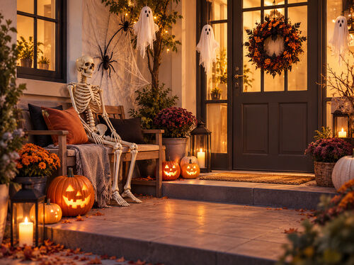 Halloweenre d&iacute;sz&iacute;tett veranda vil&aacute;g&iacute;t&oacute; t&ouml;k&ouml;kkel, padon &uuml;lő csontv&aacute;zzal, f&uuml;ggő szellemekkel, p&oacute;kh&aacute;l&oacute;kkal &eacute;s meleg hangulat&uacute; &uuml;nnepi f&eacute;nyekkel.