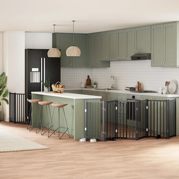 vidaXL fekete ny&aacute;rfa 9 paneles &ouml;sszecsukhat&oacute; kutyakapu ajt&oacute;val 450 cm