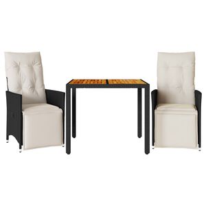 vidaXL 3 r&eacute;szes fekete polyrattan bisztr&oacute;garnit&uacute;ra p&aacute;rn&aacute;val