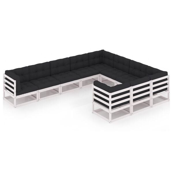 vidaXL 10 r&eacute;szes feh&eacute;r t&ouml;m&ouml;r fenyőfa kerti &uuml;lőgarnit&uacute;ra p&aacute;rn&aacute;kkal