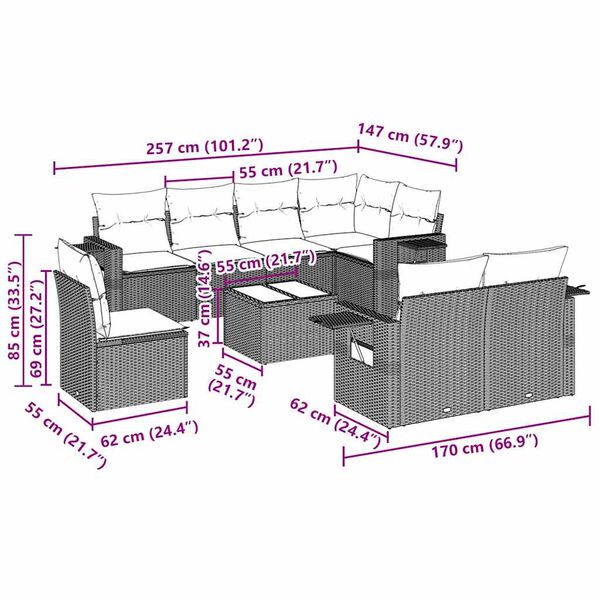 vidaXL 9 r&eacute;szes fekete polyrattan kerti &uuml;lőgarnit&uacute;ra p&aacute;rn&aacute;kkal