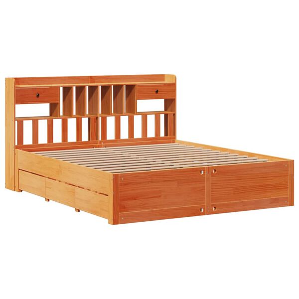 vidaXL barna t&ouml;m&ouml;r fenyőfa k&ouml;nyvespolcos &aacute;gy matrac n&eacute;lk&uuml;l 180 x 200cm