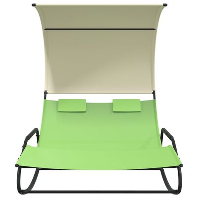 vidaXL zöld-krémszínű kétszemélyes textilén napozóágy napellenzővel