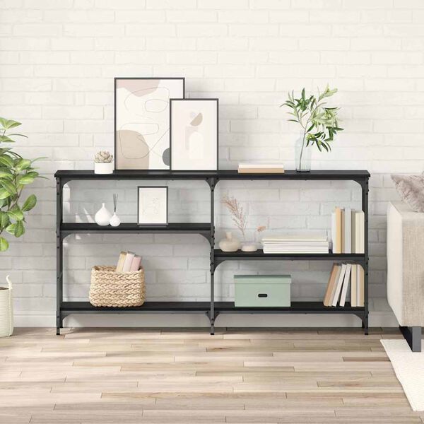 vidaXL Konzolasztal polcokkal Fekete t&ouml;lgy 150 x 29 x 76,5 cm Faanyag