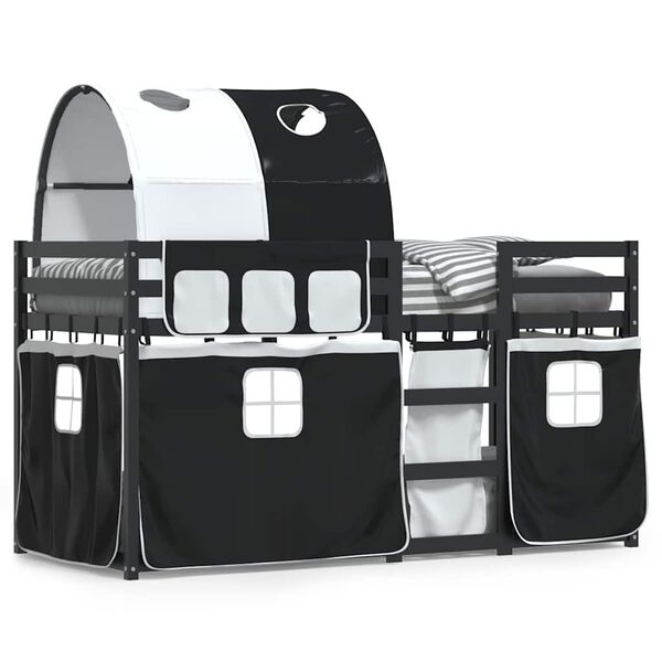 vidaXL fehér/fekete tömör fenyőfa emeletes ágy függönyökkel 90x190 cm