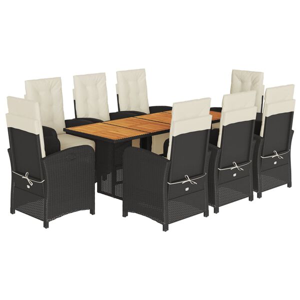 vidaXL 9 r&eacute;szes fekete polyrattan kerti &eacute;tkezőgarnit&uacute;ra p&aacute;rn&aacute;kkal