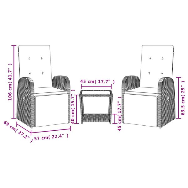 vidaXL 3 r&eacute;szes sz&uuml;rke polyrattan kerti &eacute;tkezőgarnit&uacute;ra p&aacute;rn&aacute;val