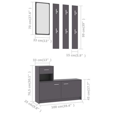 vidaXL szürke forgácslap előszoba bútor 100 x 25 x 76,5 cm