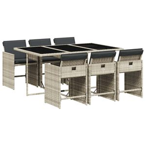 vidaXL 7 r&eacute;szes vil&aacute;gossz&uuml;rke polyrattan kerti &eacute;tkezőszett p&aacute;rn&aacute;val