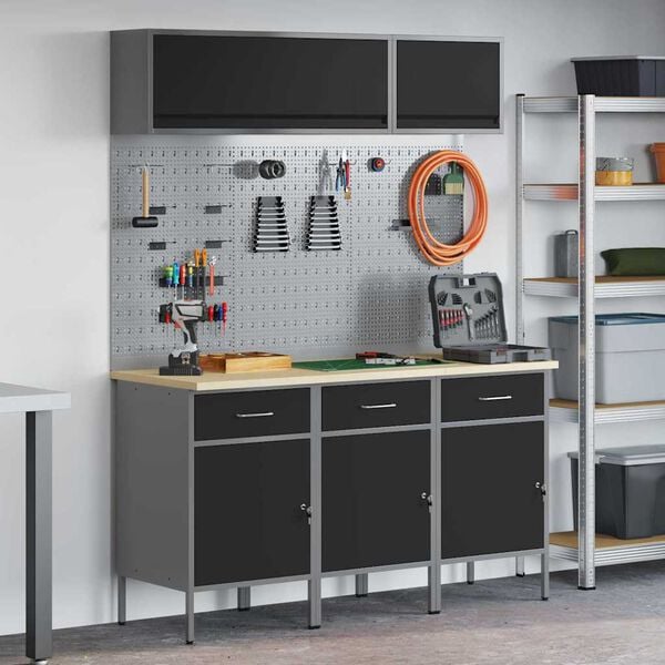 vidaXL Munkaszekr&eacute;ny K&eacute;szlet 8 pcs Fekete Porsz&oacute;rt Ac&eacute;l &eacute;s M&eacute;rn&ouml;ki Fa