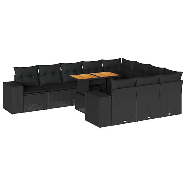 vidaXL 10 részes fekete polyrattan akácfa kerti ülőgarnitúra párnákkal