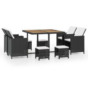 vidaXL 9 darabos fekete k&uuml;lt&eacute;ri polyrattan &eacute;s ak&aacute;cfa &eacute;tkezőszett