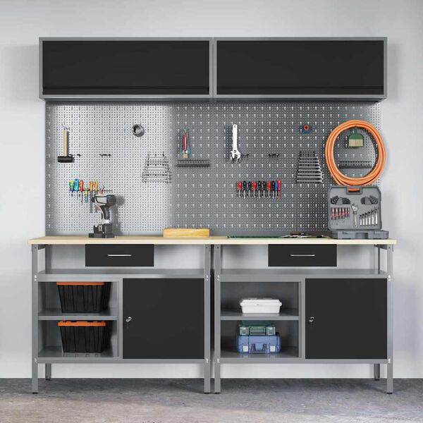 vidaXL Munkapad készlet fiókkal 8 pcs Fekete 200 x 55 x 200 cm Acél