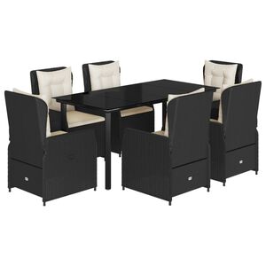 vidaXL 7 r&eacute;szes fekete polyrattan kerti &eacute;tkezőgarnit&uacute;ra p&aacute;rn&aacute;val