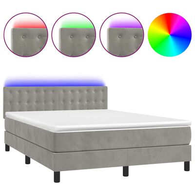 vidaXL világosszürke bársony rugós és LED-es ágy matraccal 140x200 cm