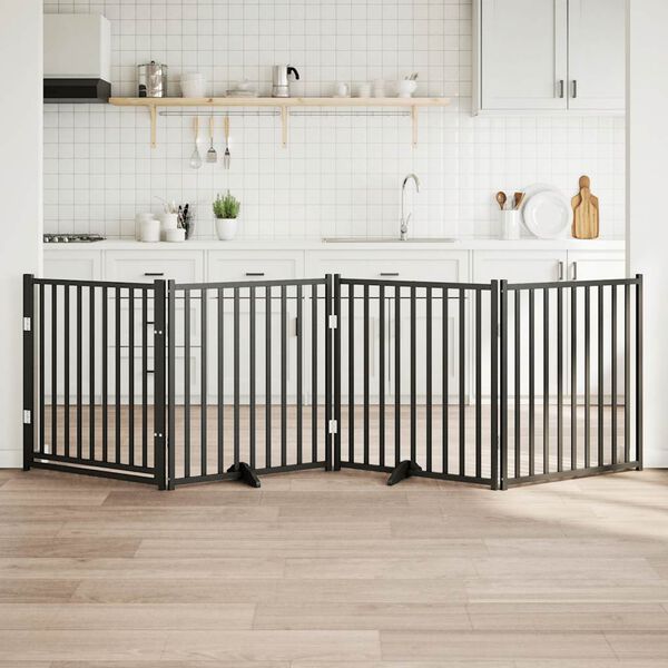 vidaXL fekete t&ouml;m&ouml;r fa 4 paneles &ouml;sszecsukhat&oacute; kutyakapu ajt&oacute;val 320cm