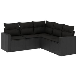 vidaXL 5 r&eacute;szes fekete polyrattan kerti kanap&eacute;szett p&aacute;rn&aacute;kkal
