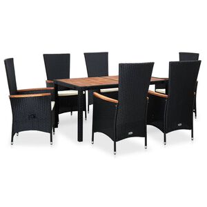 vidaXL 7 r&eacute;szes fekete k&uuml;lt&eacute;ri polyrattan &eacute;s ak&aacute;cfa &eacute;tkezőszett