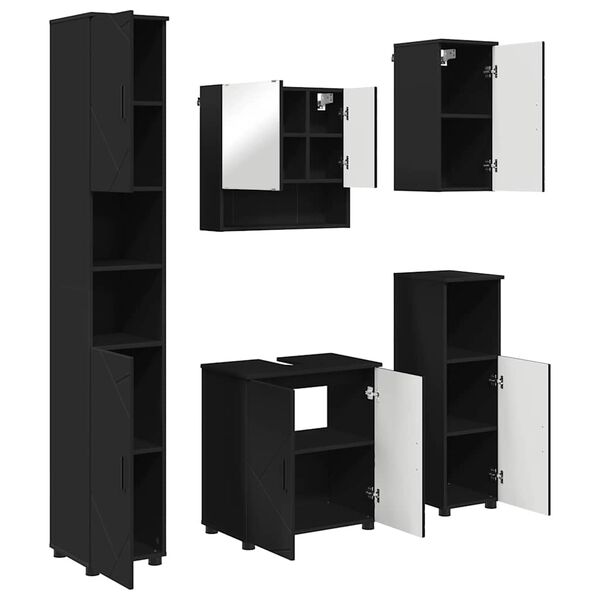 vidaXL F&uuml;rdőszoba b&uacute;tor szett t&aacute;rol&oacute;val 5 pcs Fekete Faanyag & F&eacute;m