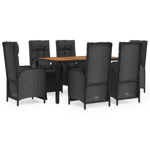 vidaXL 7 r&eacute;szes fekete polyrattan kerti &eacute;tkezőgarnit&uacute;ra p&aacute;rn&aacute;val