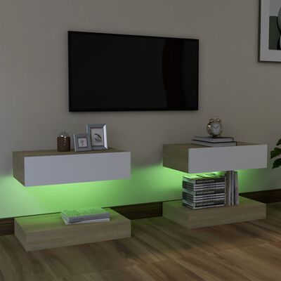 vidaXL 2 db fehér és tölgyszínű TV-szekrény LED-lámpákkal 60x35 cm