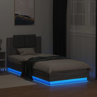 vidaXL szürke sonoma színű ágykeret fejtámlával és LED-ekkel 90x200 cm