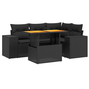 vidaXL 5 r&eacute;szes fekete polyrattan kerti kanap&eacute;szett p&aacute;rn&aacute;kkal