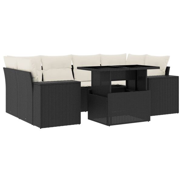 vidaXL 7 r&eacute;szes fekete polyrattan kerti &uuml;lőgarnit&uacute;ra p&aacute;rn&aacute;val