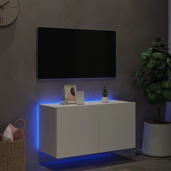 vidaXL feh&eacute;r falra szerelhető TV-szekr&eacute;ny LED-l&aacute;mp&aacute;kkal 80x35x41 cm