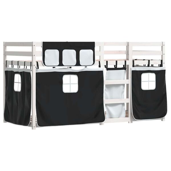 vidaXL fehér/fekete tömör fenyőfa emeletes ágy függönyökkel 80x200 cm