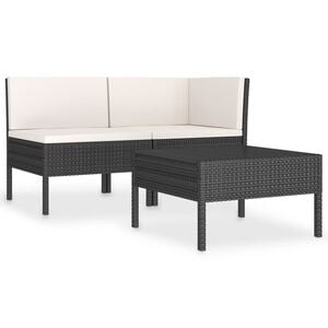 vidaXL 3 r&eacute;szes fekete polyrattan kerti &uuml;lőgarnit&uacute;ra p&aacute;rn&aacute;kkal