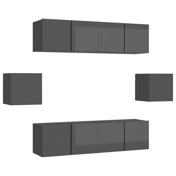 vidaXL 6 r&eacute;szes magasf&eacute;nyű sz&uuml;rke szerelt fa TV-szekr&eacute;nyszett