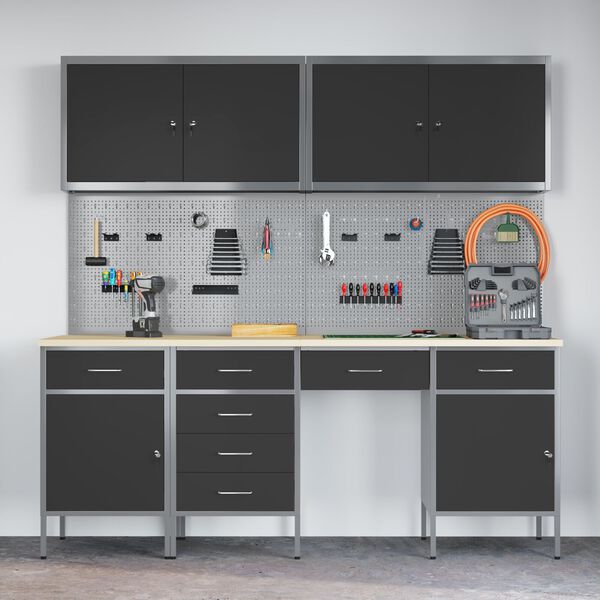 vidaXL Munkapad fiókkal tárolóval 10 pcs Fekete 200 x 55 x 200 cm Acél