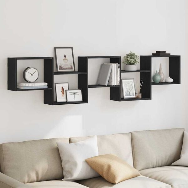 vidaXL fekete szerelt fa fali kockapolc 5 rekeszes színű