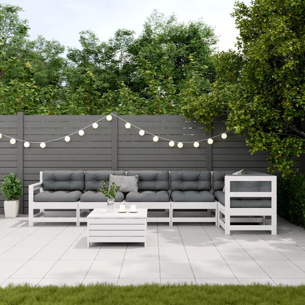 vidaXL 7 r&eacute;szes feh&eacute;r t&ouml;m&ouml;r fenyőfa kerti &uuml;lőgarnit&uacute;ra p&aacute;rn&aacute;kkal