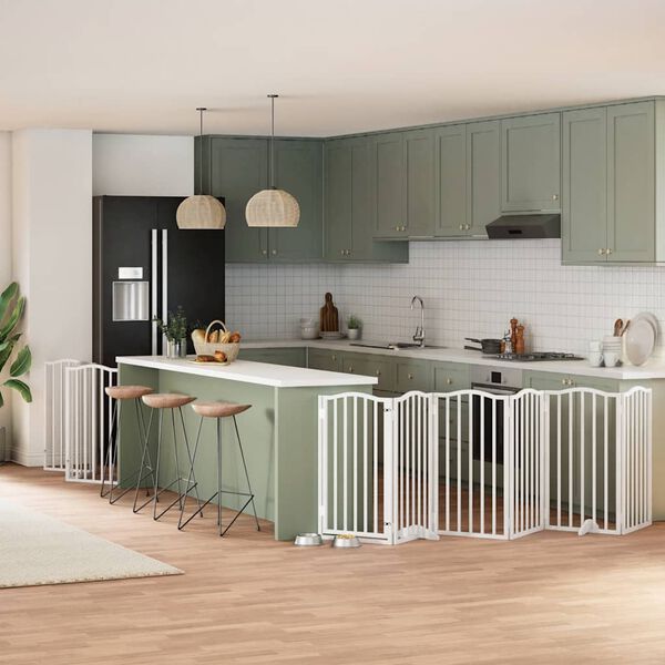 vidaXL feh&eacute;r ny&aacute;rfa 9 paneles &ouml;sszecsukhat&oacute; kutyakapu ajt&oacute;val 450 cm