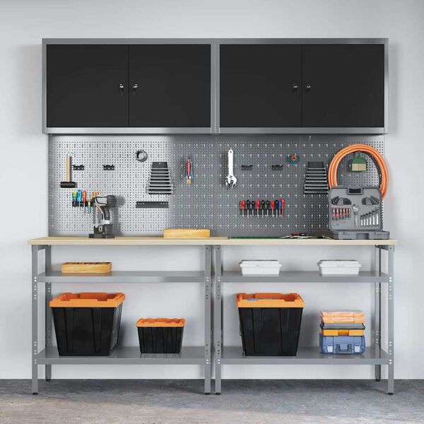 vidaXL Munkapad készlet polcokkal tárolóval Állítható Szürke Acél
