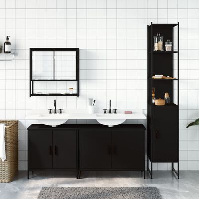 vidaXL 4 részes fekete szerelt fa fürdőszobai bútorszett