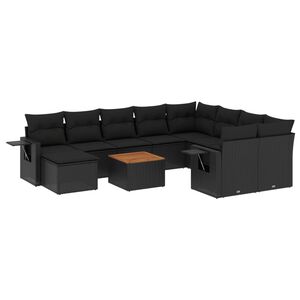 vidaXL 11 r&eacute;szes fekete polyrattan kerti &uuml;lőgarnit&uacute;ra p&aacute;rn&aacute;kkal