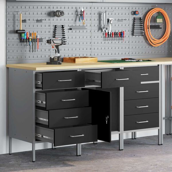 vidaXL Munkaszekr&eacute;ny fi&oacute;kkal 3 pcs Fekete &eacute;s Sz&uuml;rke 150 x 55 x 85 cm