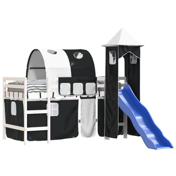 vidaXL fehér-fekete tömör fenyő gyerek galériaágy toronnyal 90x190 cm