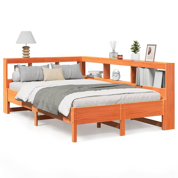 vidaXL barna t&ouml;m&ouml;r fenyőfa k&ouml;nyvespolcos &aacute;gy matrac n&eacute;lk&uuml;l 120 x 200cm