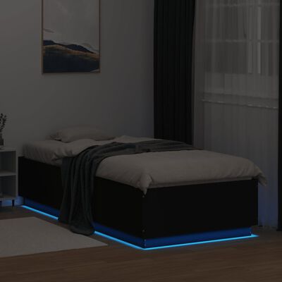 vidaXL fekete szerelt fa ágykeret LED-világítással 90 x 200 cm