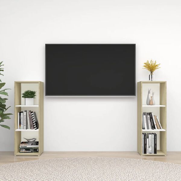 vidaXL 2 db fehér-sonoma színű szerelt fa TV-szekrény 107 x 35 x 37 cm