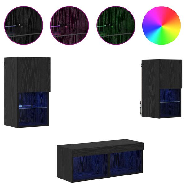 vidaXL TV Fali Szekr&eacute;nyek LED -es l&aacute;mp&aacute;kkal 4 pcs Fekete t&ouml;lgy Faanyag
