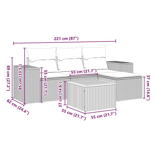 vidaXL 5 r&eacute;szes fekete polyrattan kerti kanap&eacute;szett p&aacute;rn&aacute;kkal