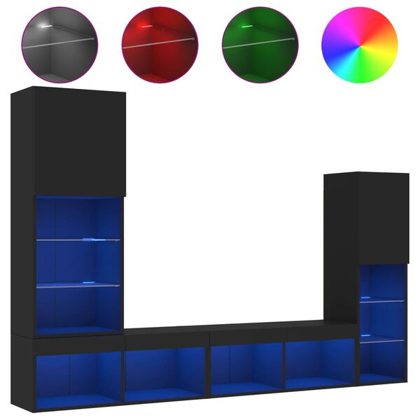 vidaXL 4 darab fekete szerelt fa fali TV-b&uacute;tor LED-del